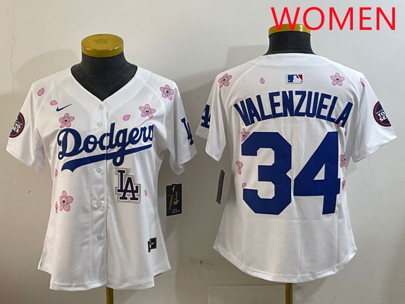 Women Los Angeles Dodgers #34 Valenzuela White Sakura Edition 2025 Nike MLB Jersey style 9